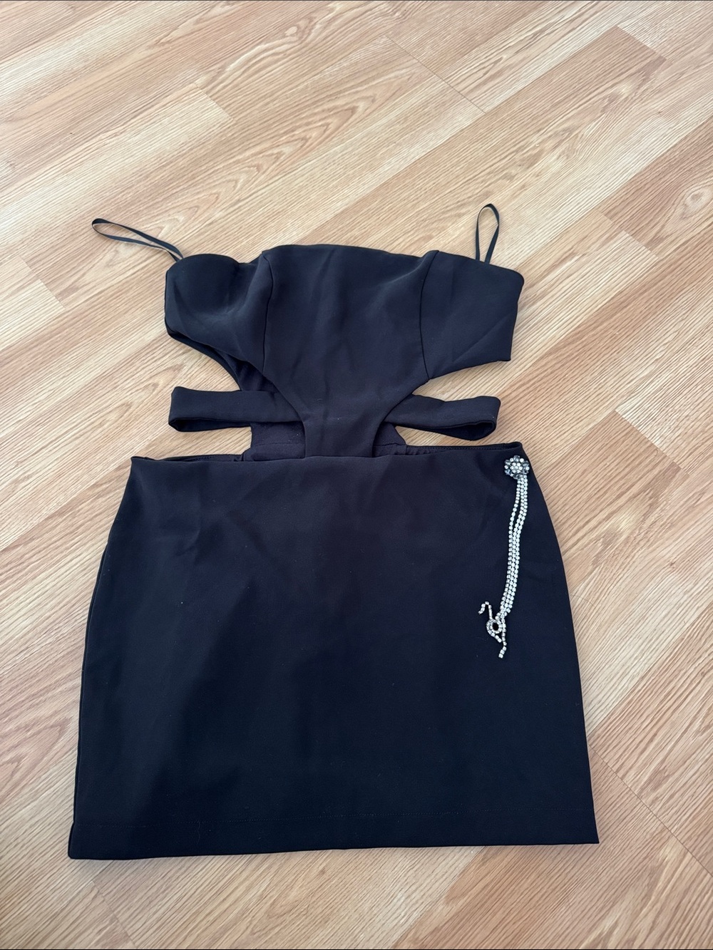 Black Cutout Mini Dress with Rhinestone Chain Detail